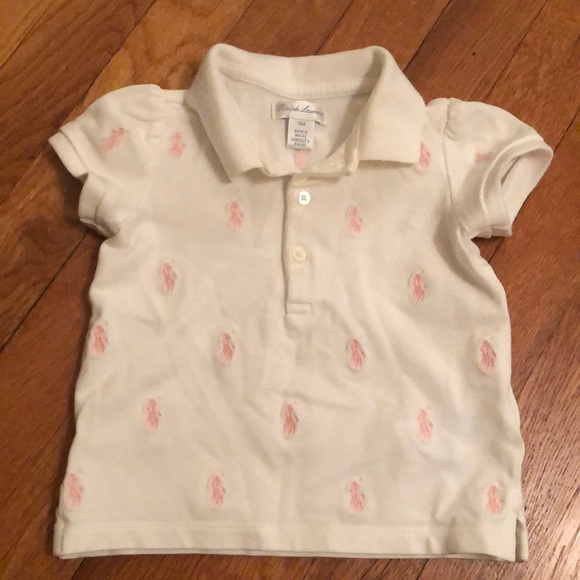 Ralph Lauren Baby Girl Short Sleeve Polo Shirt 12M - White with Pink Polo Logo - Picture 1 of 7